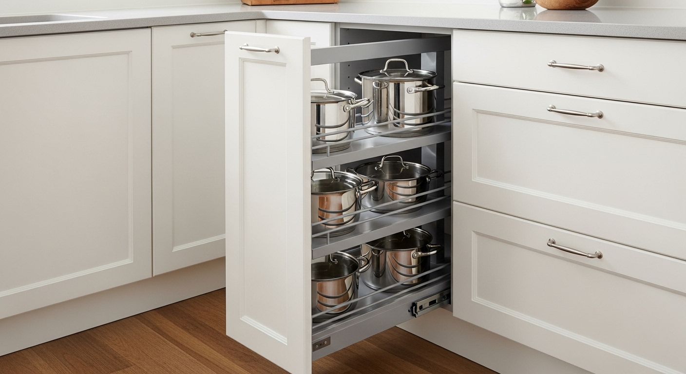 Swing-out pull-out kitchen cabinet with shelves extended, storing large pots and kitchen appliances