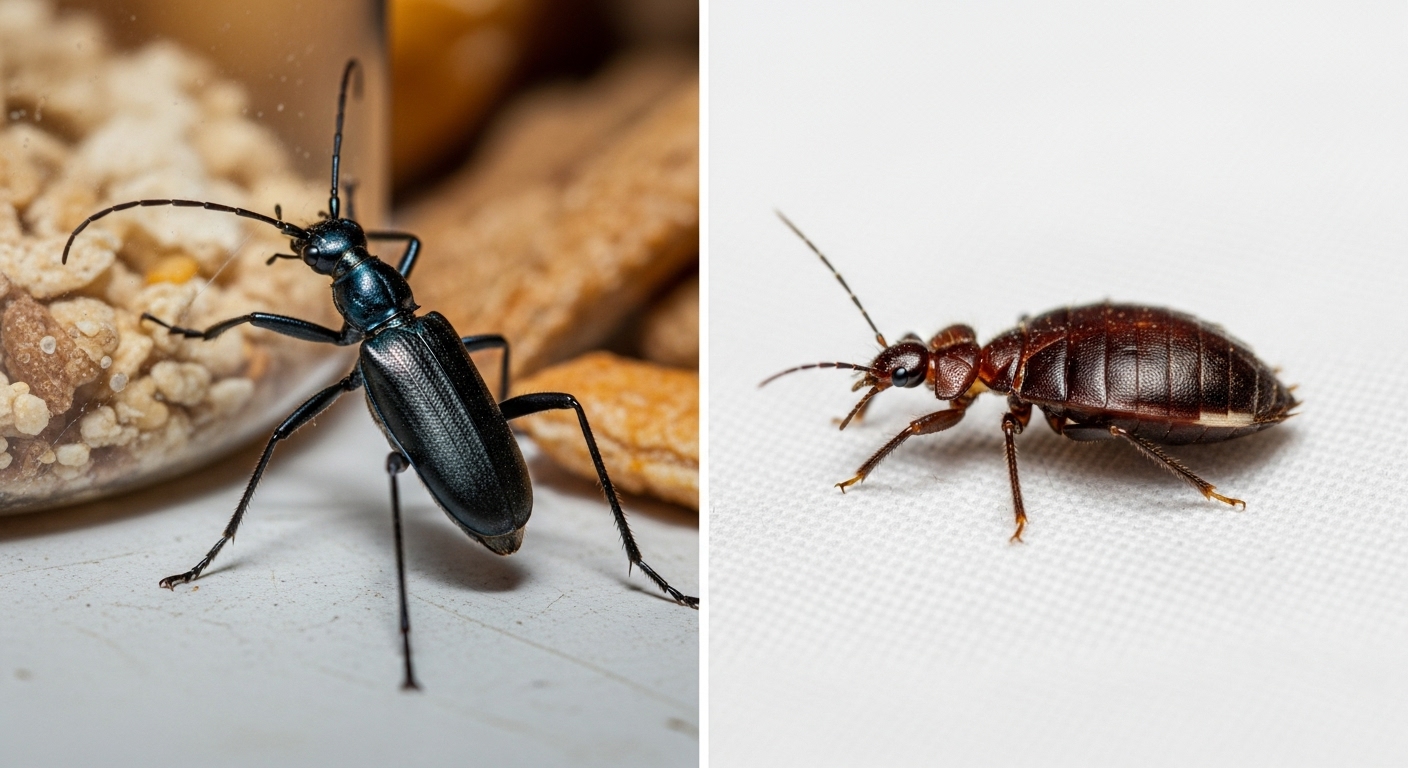 Macro photo of spider beetle with long legs in pantry and bed bug on bedding