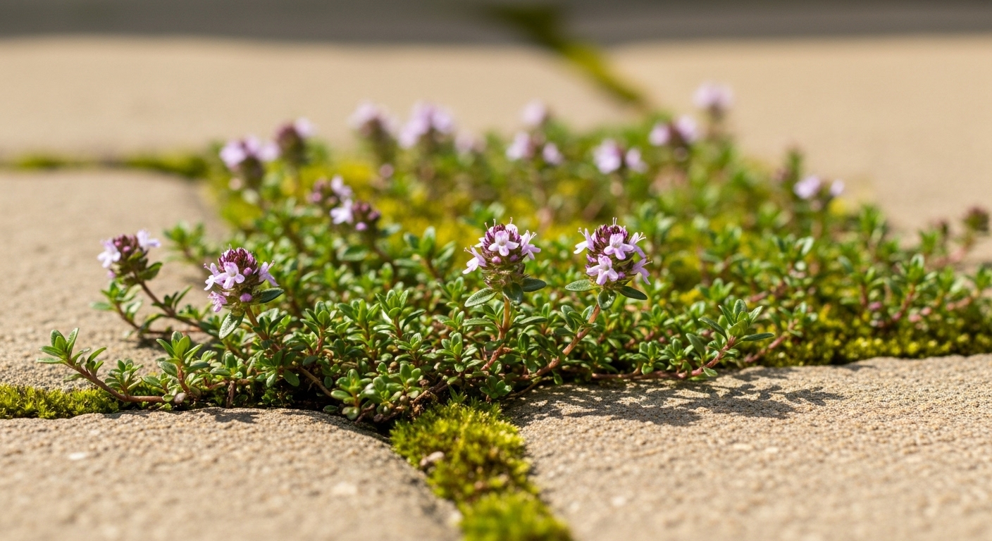 Low-growing elfin thyme forming a dense, moss-like green cushion with pale lavender blooms, nestled between garden stepping stones