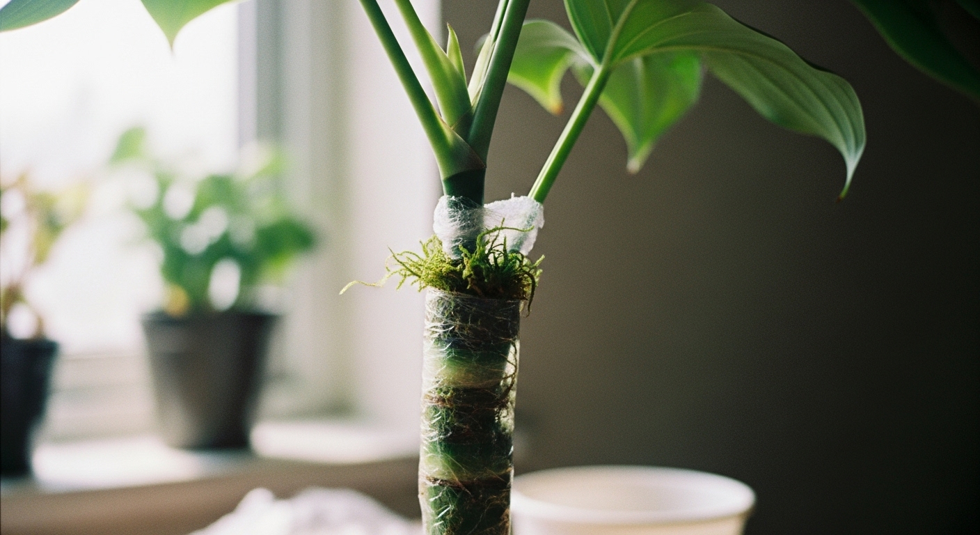 A close-up of a houseplant stem wrapped with moist moss and plastic as part of air layering propagation.