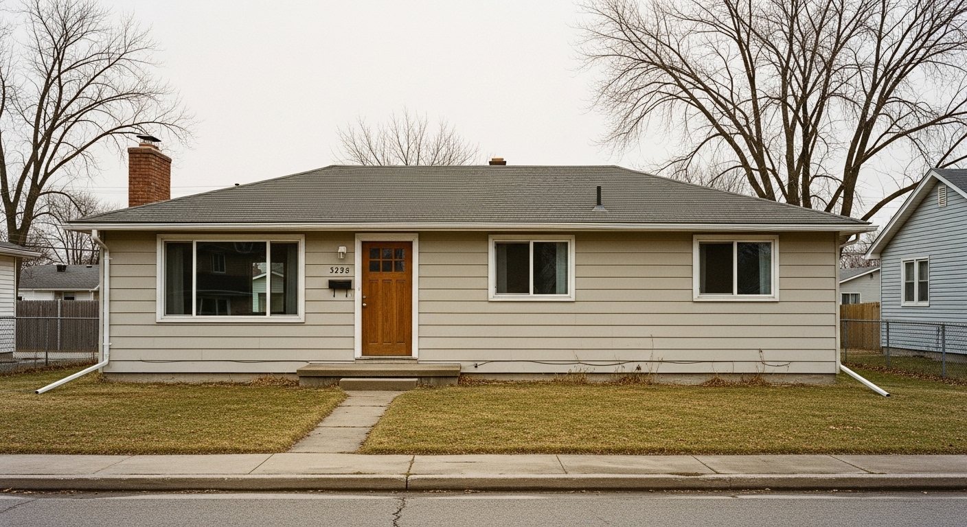 Dull exterior of an old ranch house with faded walls, flat design, and unkempt front yard"