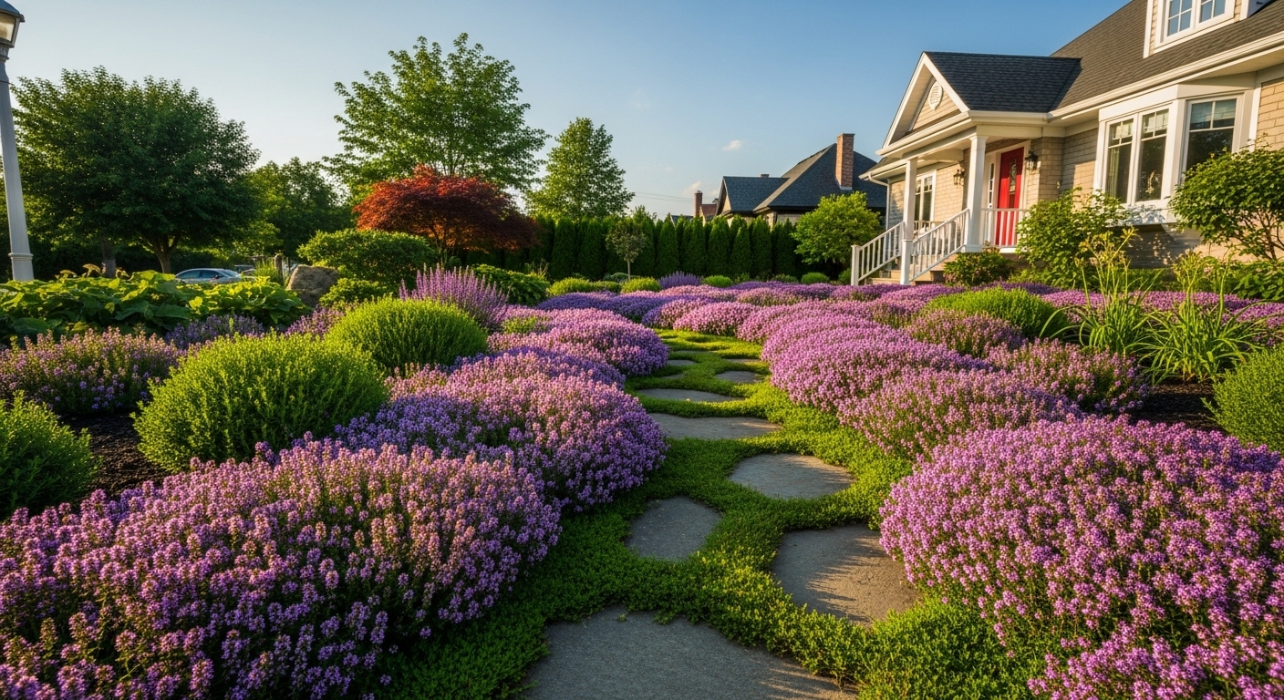 Front yard with a lush blooming creeping thyme lawn and a stone path leading to a cozy home