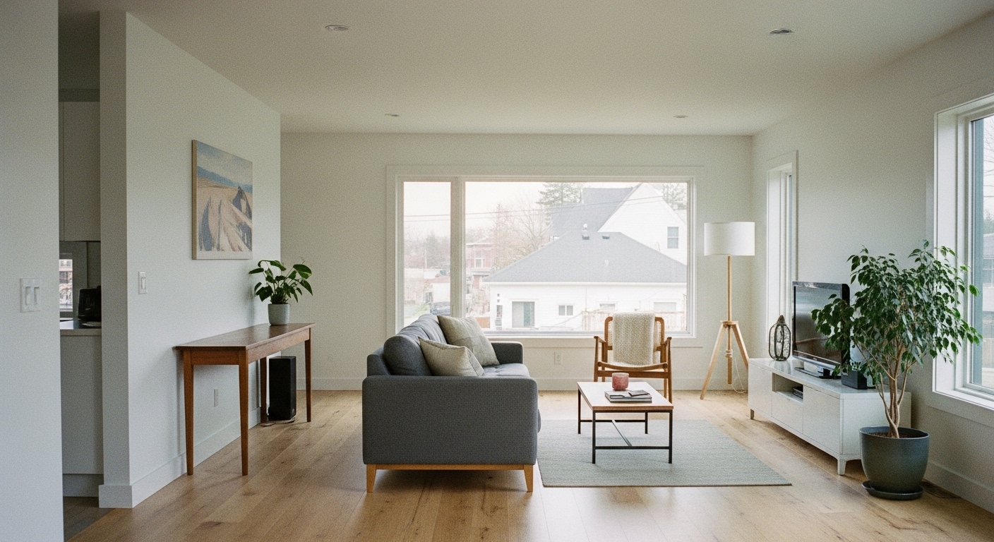 Spacious open-concept living area in a renovated ranch home with minimalist furniture and natural wood accents