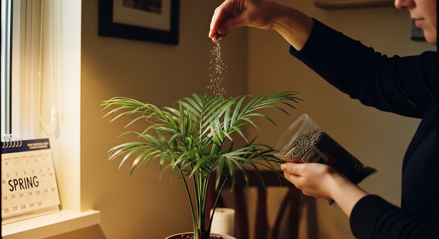 Calendar and hand adding fertilizer to a majesty palm during spring