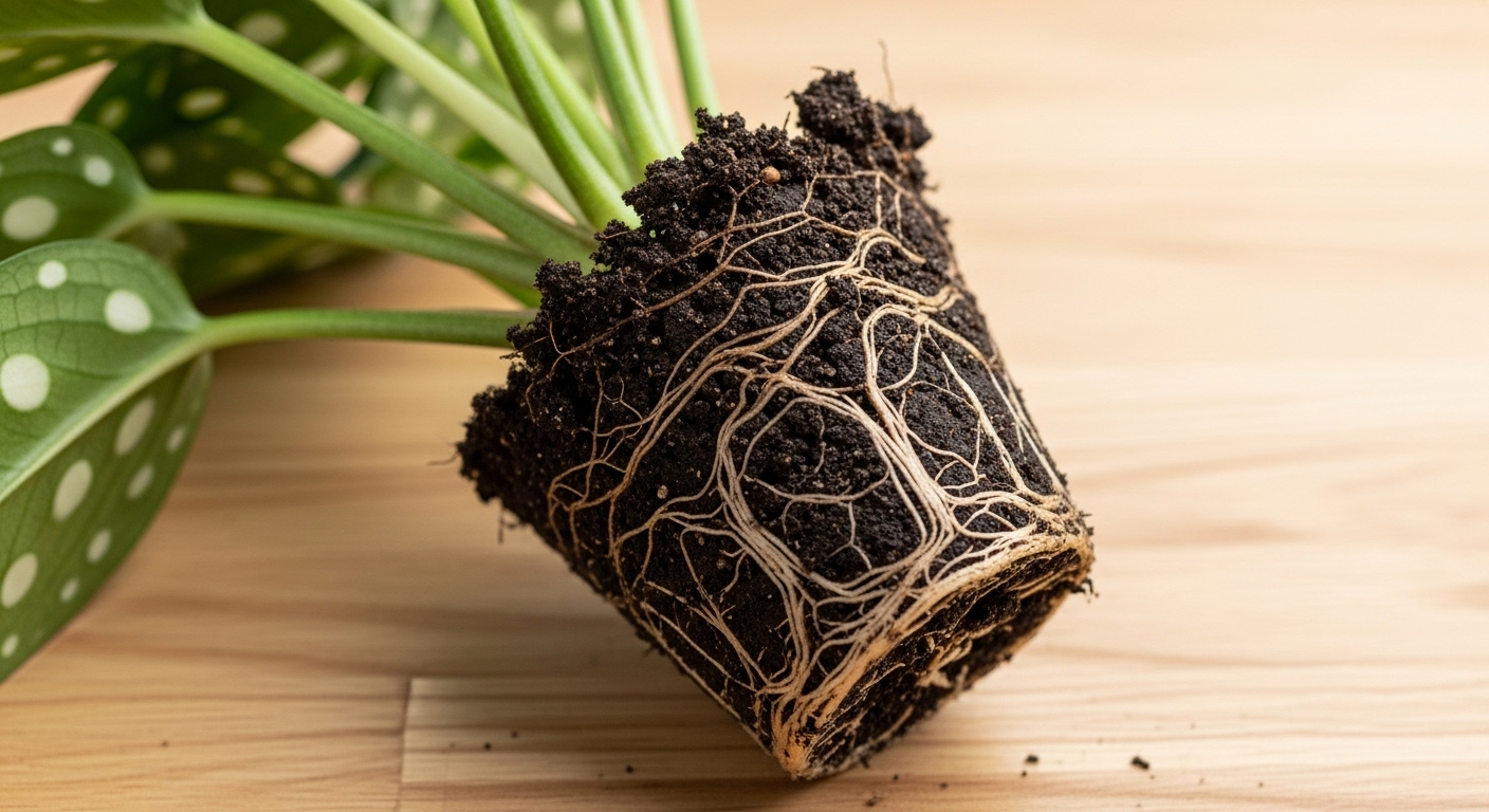 Exposed roots of a polka dot plant showing signs of root rot from waterlogged soil, demonstrating common plant disease