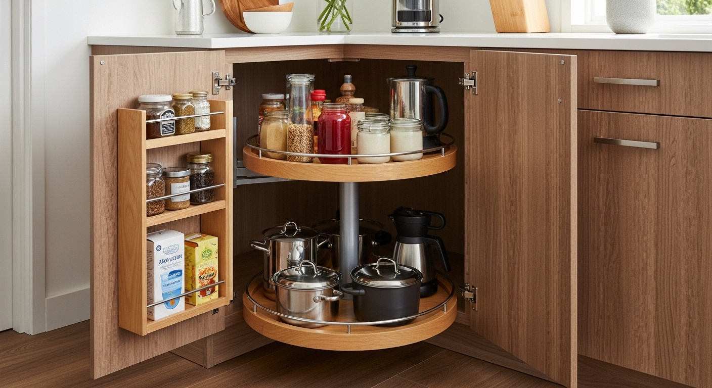 Lazy Susan corner cabinet with rotating shelves filled with spices and kitchen items in a contemporary kitchen