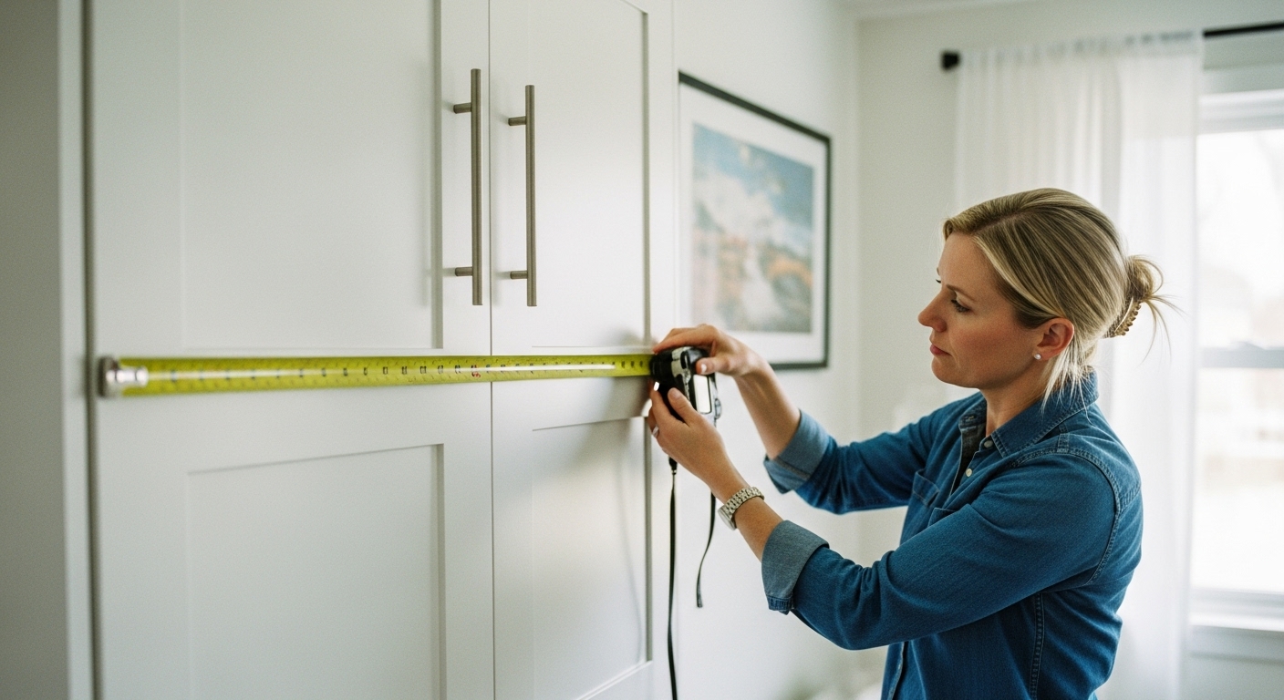 Close-up of hands holding measuring tape against Homeowner measuring wall space with a tape measure for Murphy bed installationwall for Murphy bed fitting