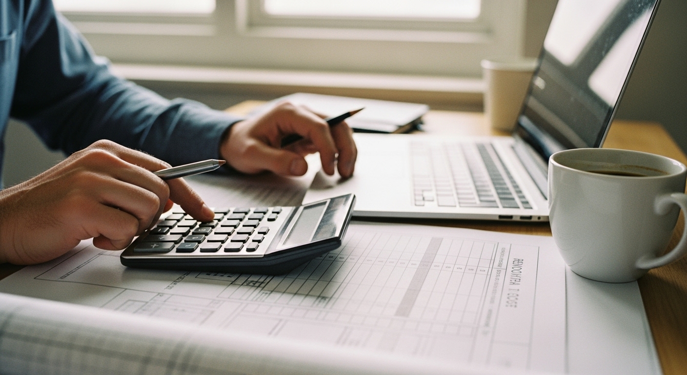 Close-up of hands using a calculator and laptop while reviewing home renovation expenses at a desk, with architectural blueprints and coffee nearby.