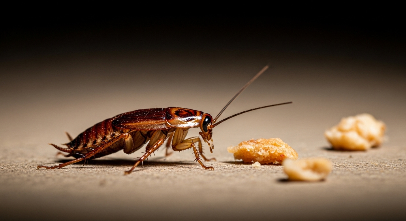 Small brown cockroach nymph in poorly sanitized area, easily confused with bed bugs.

