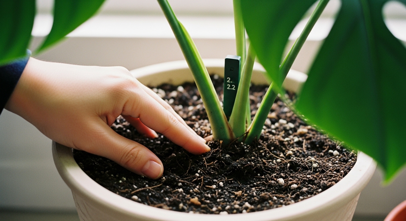 Person checking the soil moisture before watering a Monstera plant to prevent overwatering and root rot.