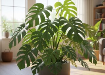 A vibrant, healthy Swiss Cheese Plant (Monstera deliciosa or adansonii) with large, glossy, fenestrated leaves, placed in a well-lit living room, symbolizing lush indoor gardening and easy plant care.