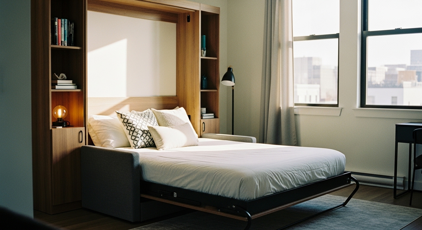Murphy bed folded into a cabinet, blending seamlessly with modern apartment decor

