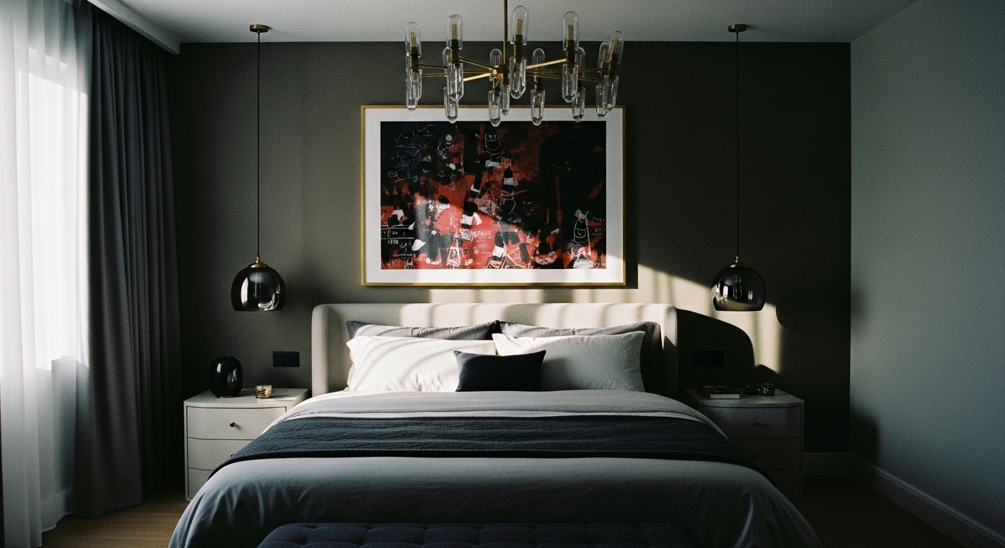 Modern bedroom showcasing a bold statement piece—a grand chandelier, dramatic wall art, or a sculptural bed frame.