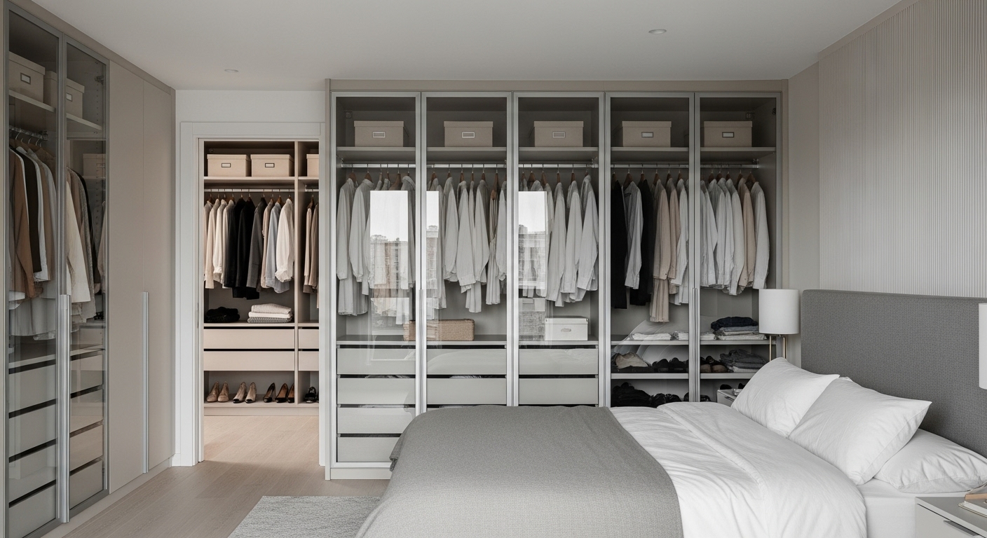 Large bedroom with built-in wardrobes and a walk-in closet door, maximizing space with sleek storage.