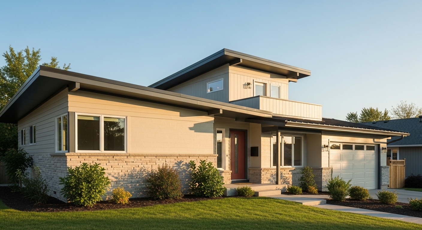 Renovated ranch home with a lifted roofline and second-story extension for a modernized look
