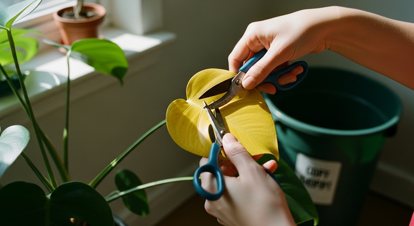 Close-up of a person pruning yellowing leaves from a houseplant to encourage healthy growth.