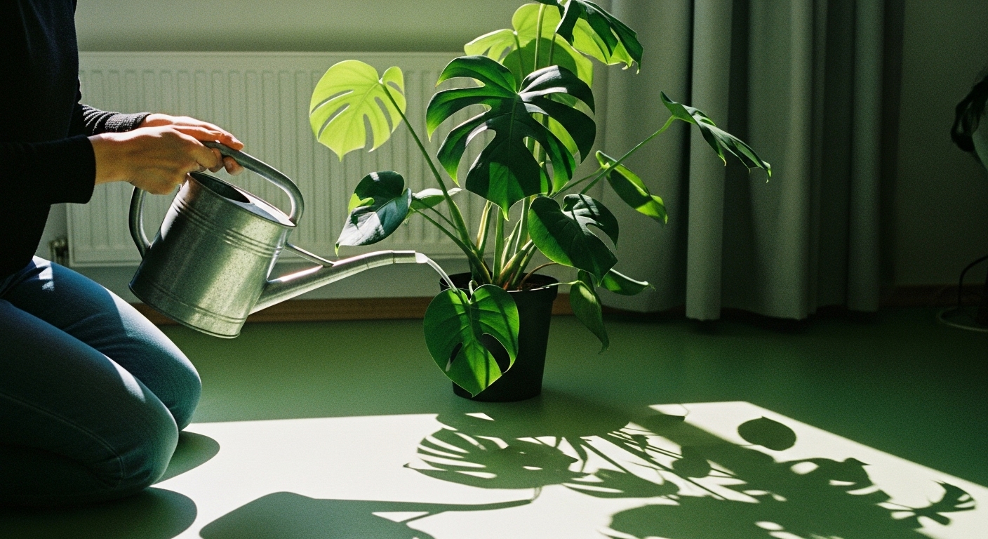 Person applying liquid fertilizer to Monstera plant during its active growth season using a watering can.