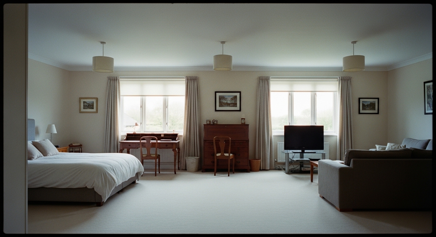 Spacious master bedroom divided into separate zones with furniture—sleeping area, small work desk, and a cozy sitting space with TV.
