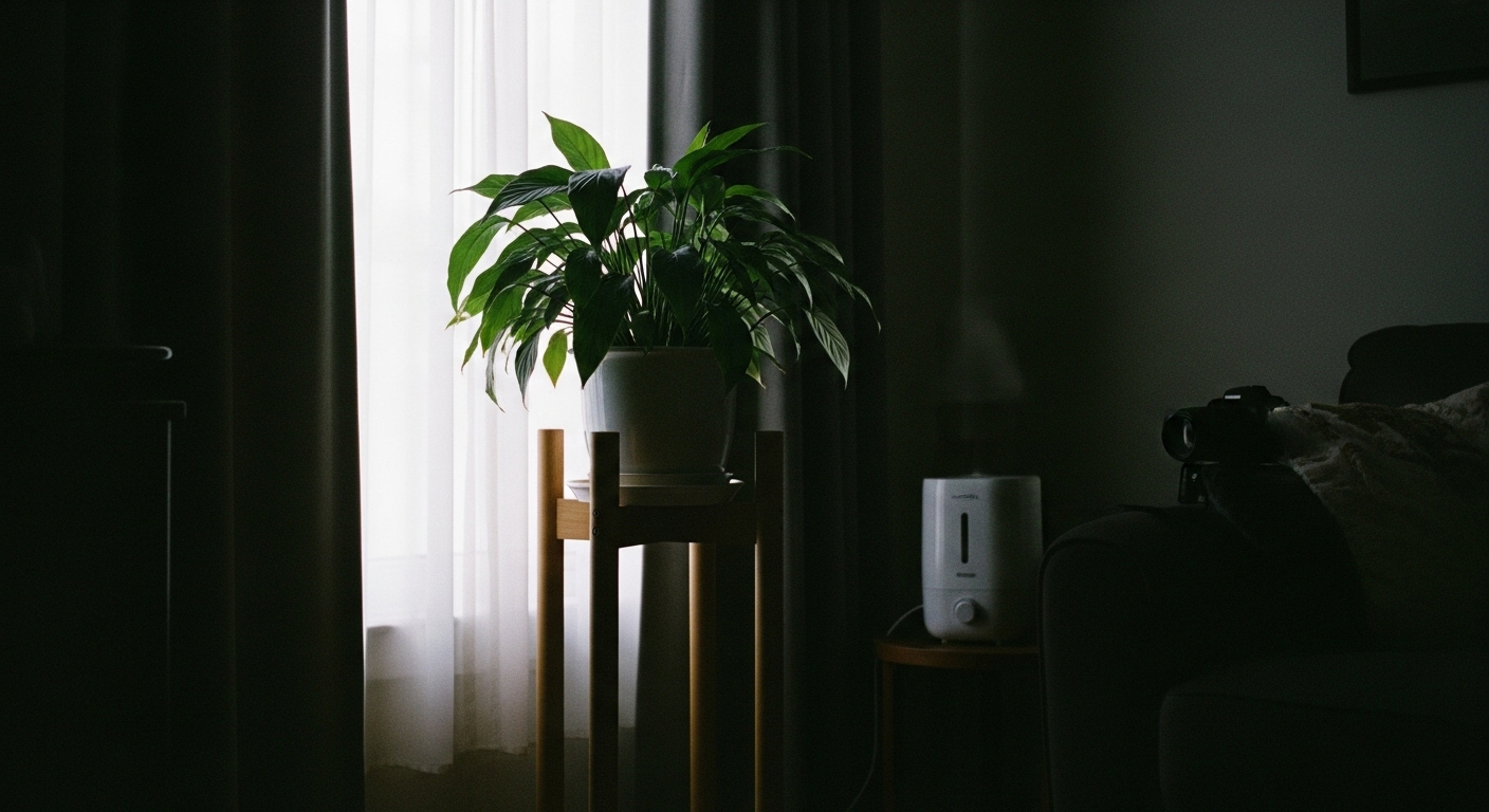 Houseplant placed away from window drafts in a warm room during winter, with humidity increased using a humidifier