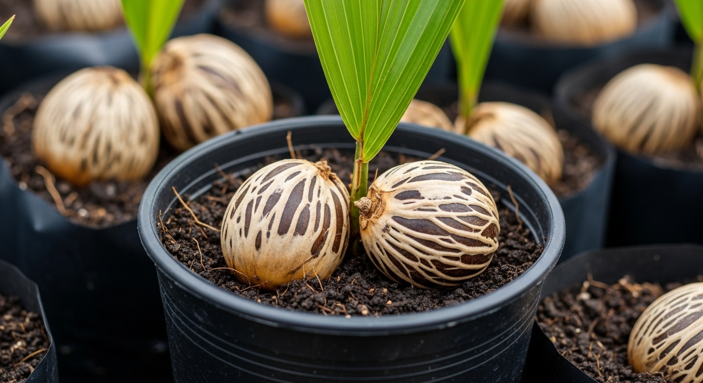 Fresh majesty palm seeds placed in moist potting soil inside a small nursery pot