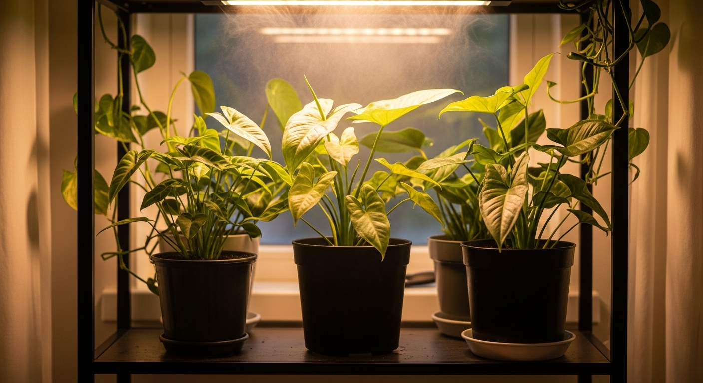 Cluster of houseplants placed close together to maintain indoor humidity for healthy growth
