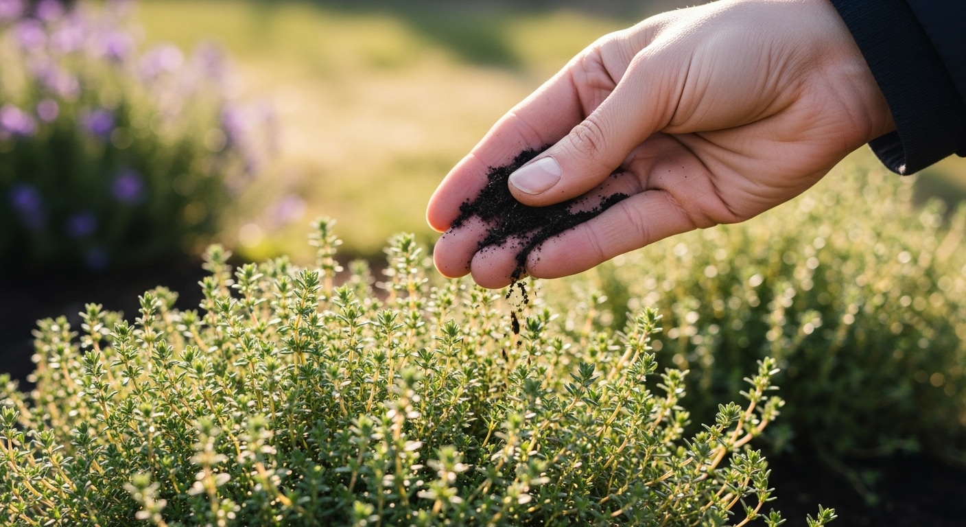 A small compost scoop being added near creeping thyme, emphasizing minimal fertilization needs