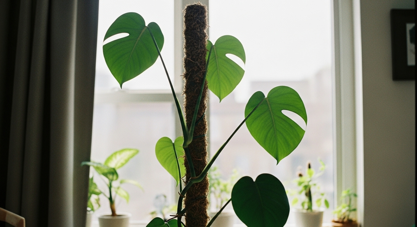 A thriving monstera plant climbing up a moss pole in a modern indoor setting, mimicking its natural jungle habitat.