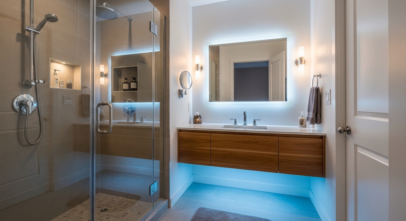Stylish remodeled bathroom in a ranch house with spa-like walk-in shower, floating vanity, and soft lighting