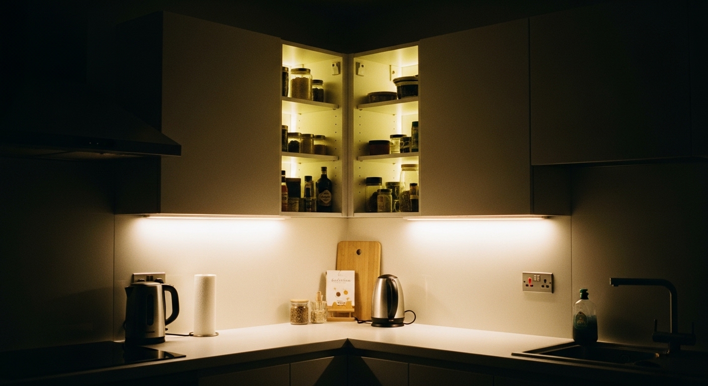 Soft under-cabinet lighting inside a corner kitchen cabinet enhancing visibility and functionality