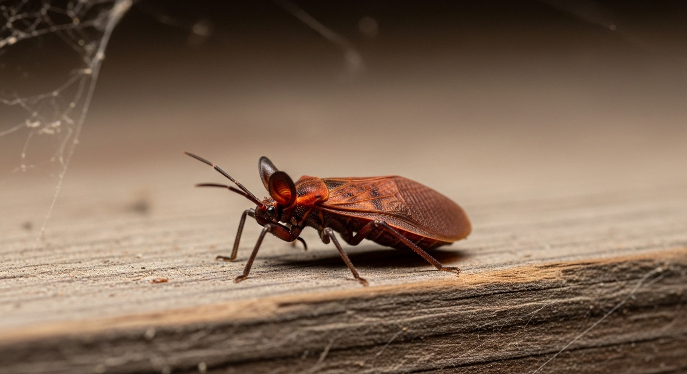 Reddish-brown bat bug on wooden beam in attic, often mistaken for bed bugs but found near bats.

