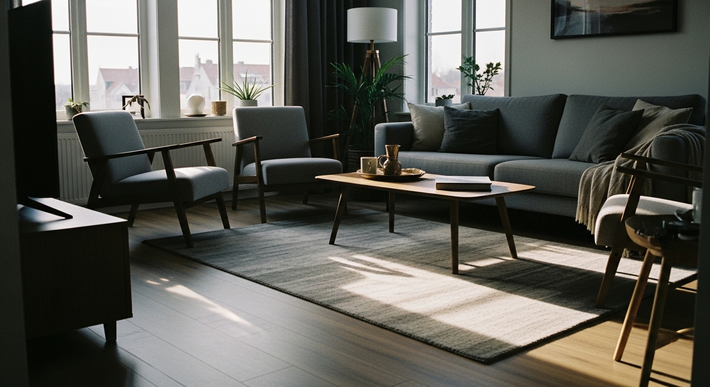 ozy modern living room showcasing ideal carpet size placement under furniture with a 9x12 rug for optimal design layout.