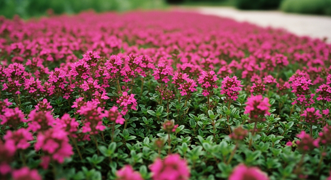 Red creeping thyme forming a dense magenta ground cover with dark green foliage, ideal for low-maintenance lawns or garden paths