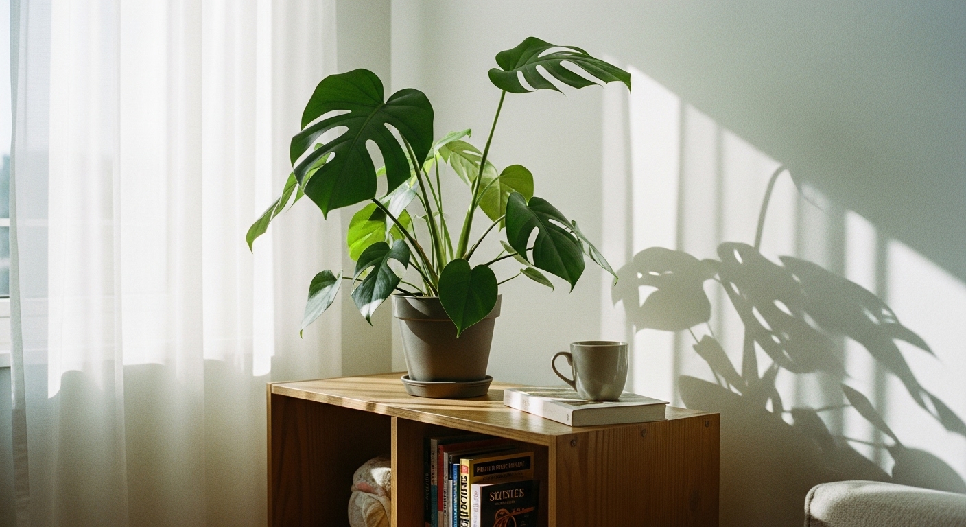 Low-maintenance Swiss cheese plant placed on a wooden bookshelf in a minimalist indoor setting, symbolizing easy plant care at home.