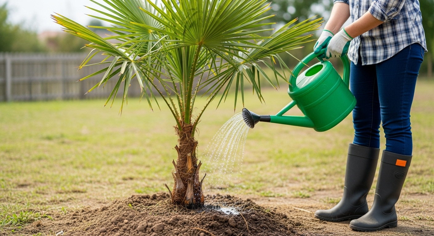 Gardener watering outdoor Majesty palm during dry weather