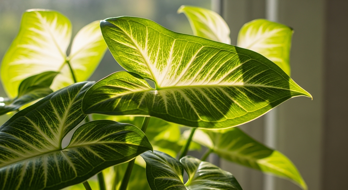 Variegated arrowhead plant leaves showing vibrant patterns under bright indirect light