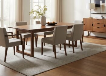 Modern dining room showing correct rug size under a rectangular dining table with chairs placed comfortably on the rug