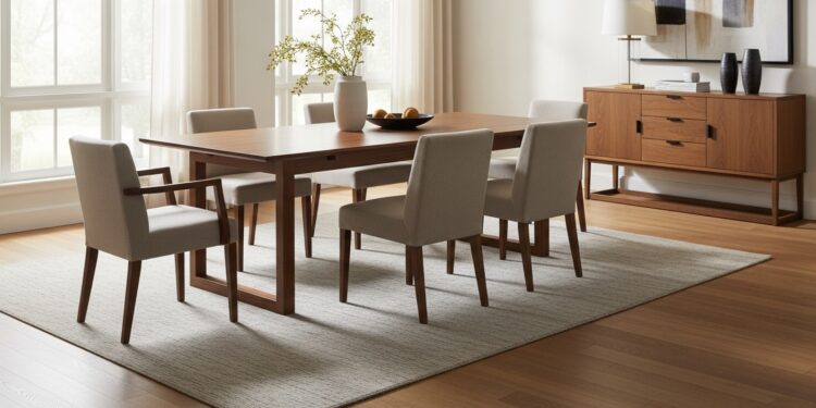 Modern dining room showing correct rug size under a rectangular dining table with chairs placed comfortably on the rug