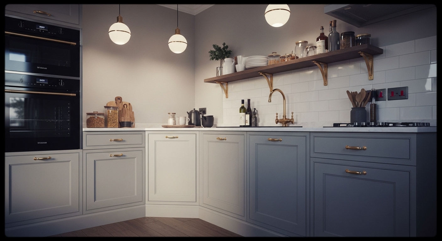 Modern and vintage styled corner kitchen cabinet blending seamlessly with overall kitchen décor