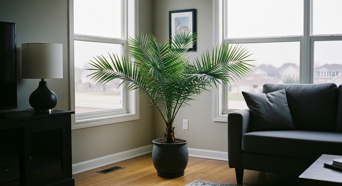 A lush Majesty Palm plant placed in a modern home interior, symbolizing its natural air-purifying qualities for healthier indoor air.