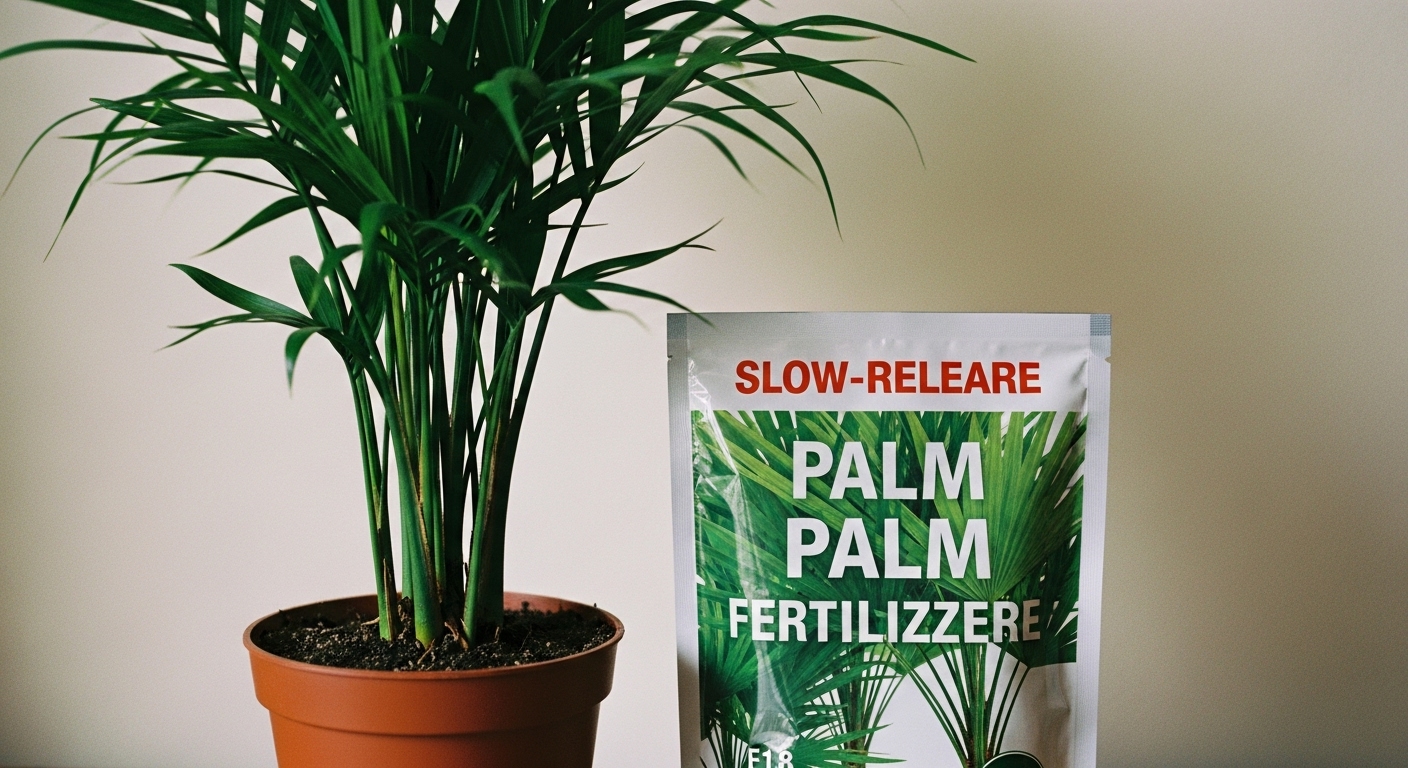 Display of a slow-release palm fertilizer package next to a majesty palm in a home setting