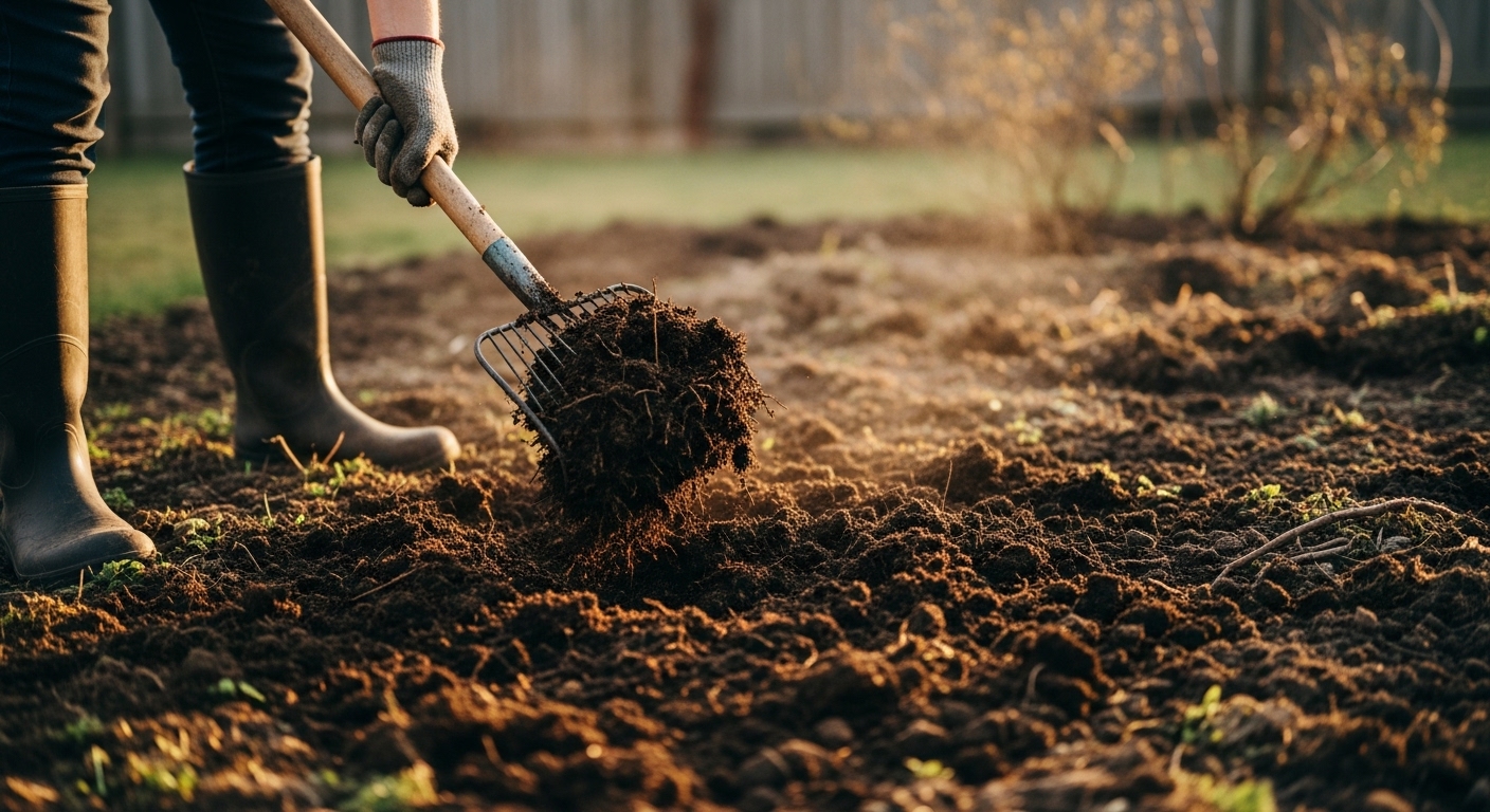 Close-up of healthy, well-drained garden soil with compost being mixed in for growing creeping thyme