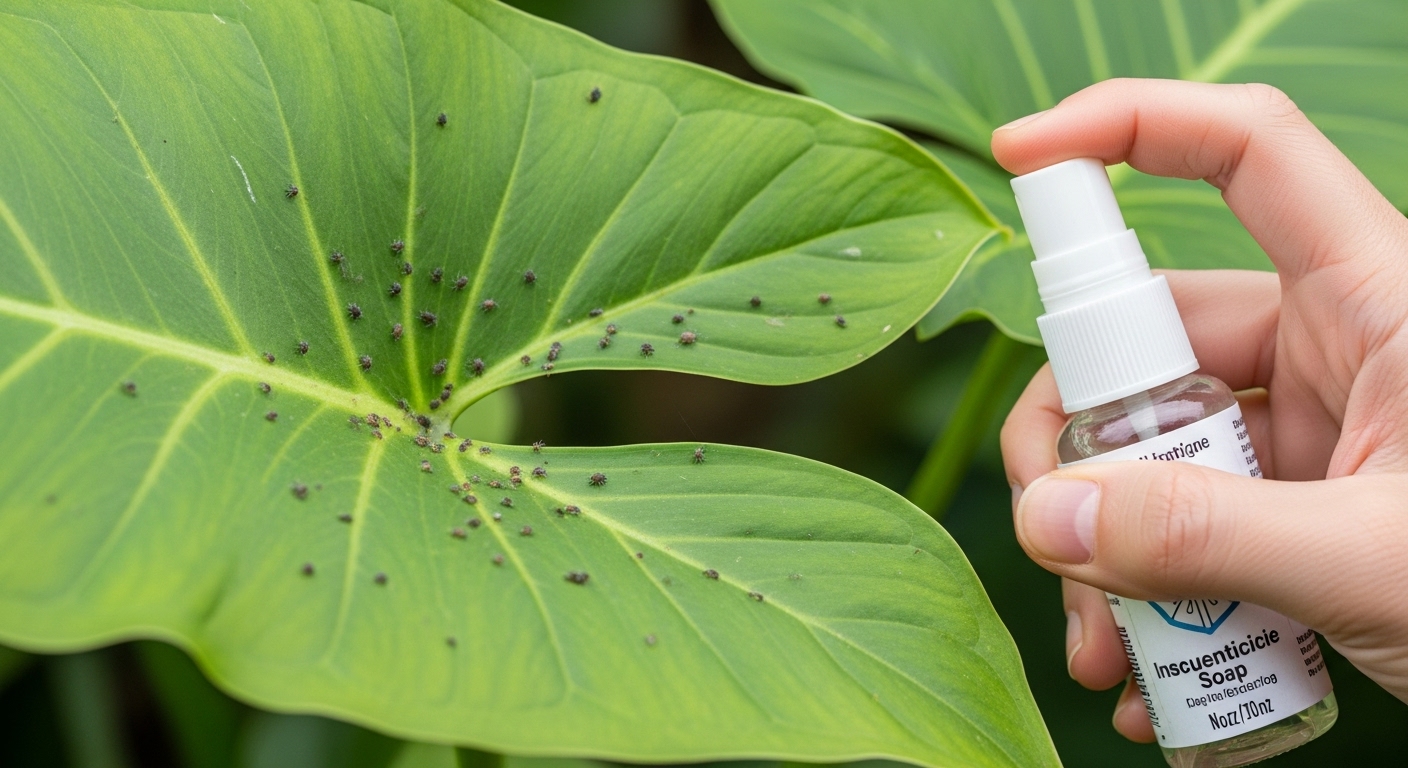 Close-up of arrowhead plant leaf with visible spider mite infestation, gardener holding insecticidal soap spray