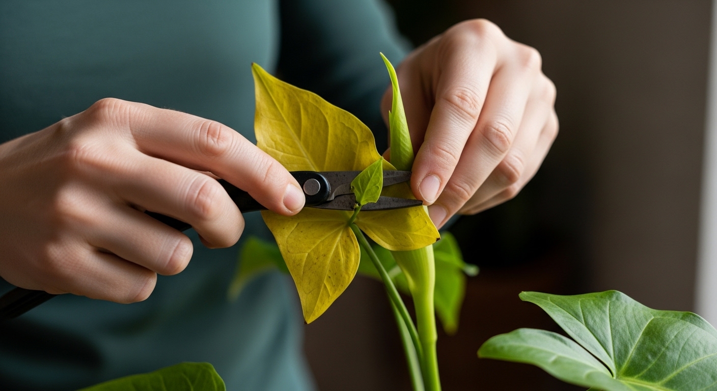 Gardener trimming dead leaves and pinching tips of a healthy arrowhead plant for bushier growth
