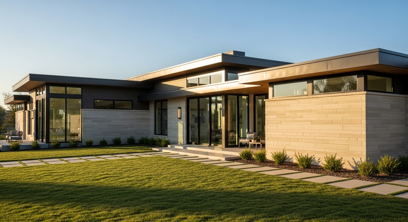 Modern exterior of a ranch home using fiber cement boards and sleek metal panels
