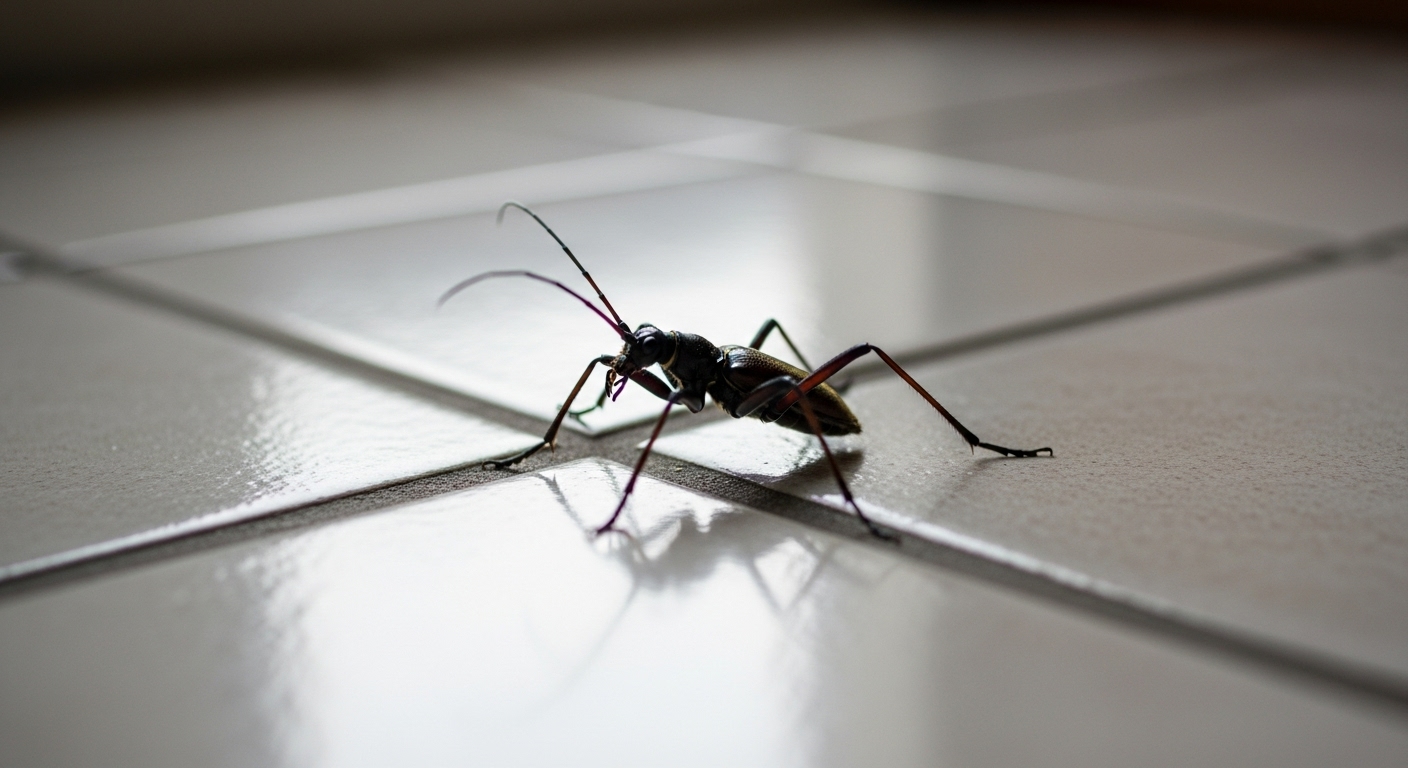 Round-bodied spider beetle with spider-like legs and antennae, commonly found in households.

