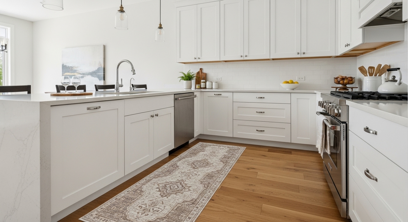 Contemporary kitchen with a narrow runner rug placed between the cabinets and island.

