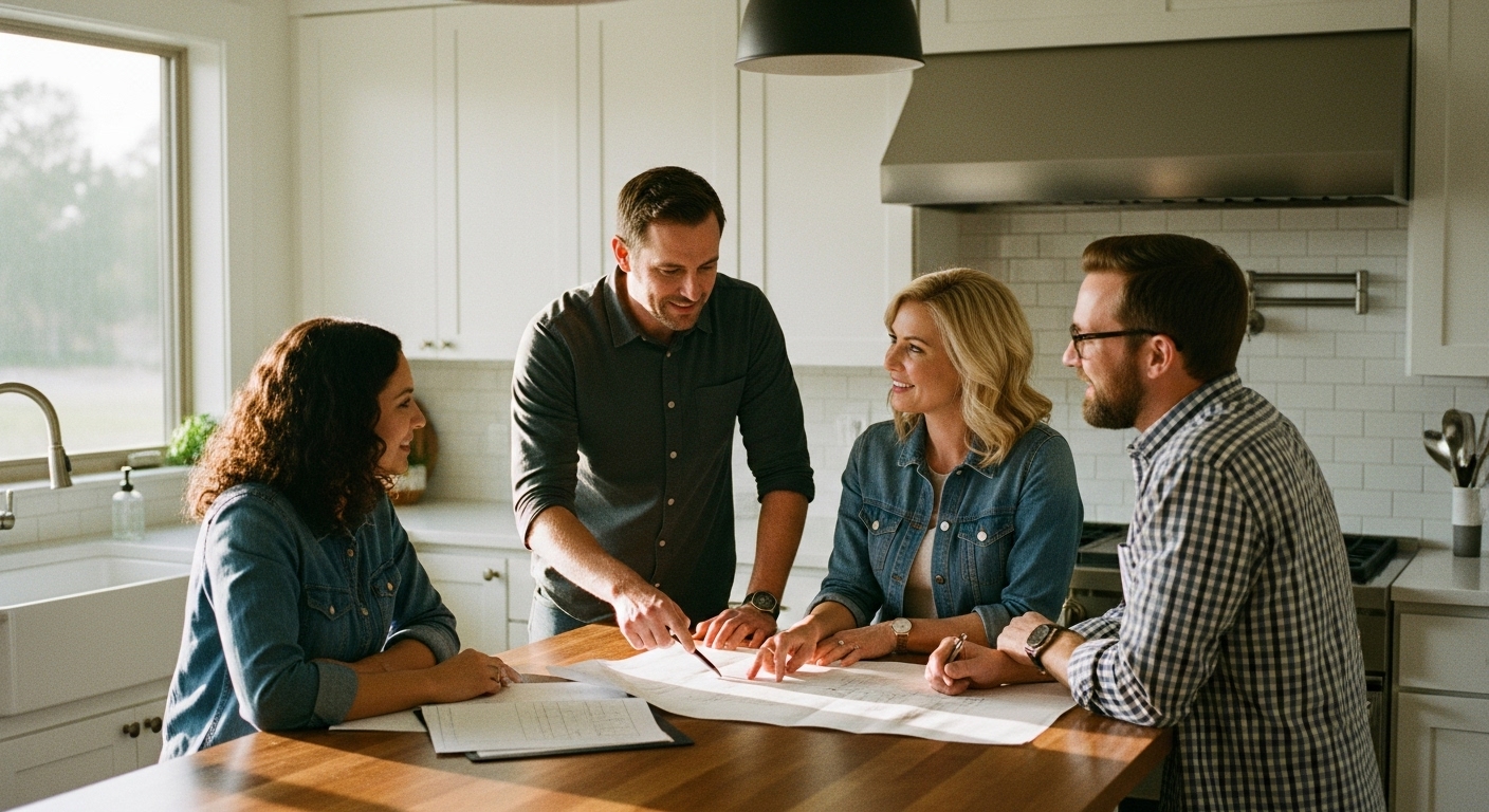 Architect and interior designer discussing renovation plans with homeowners in a modern ranch-style kitchen, reviewing blueprints and ideas together.