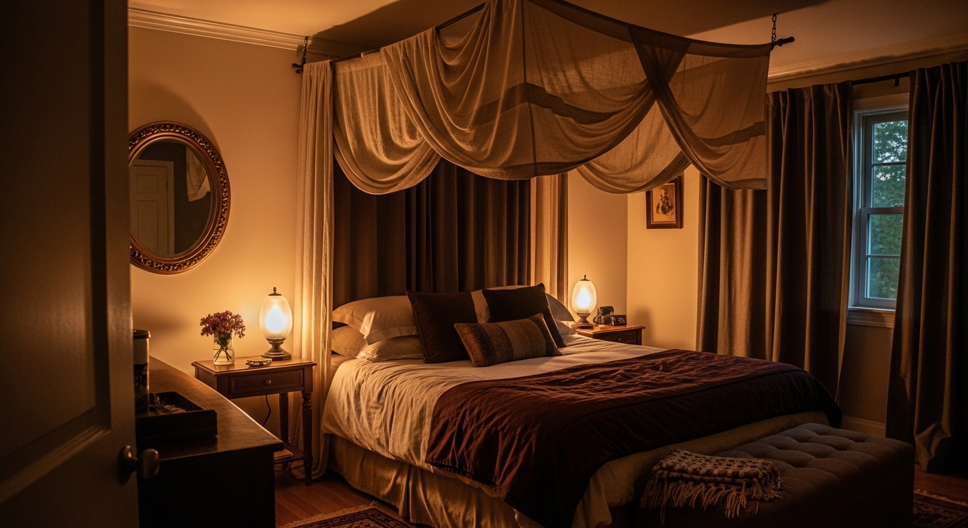 Luxurious bedroom featuring a canopy bed with flowing fabric creating a cozy and romantic sleeping area.