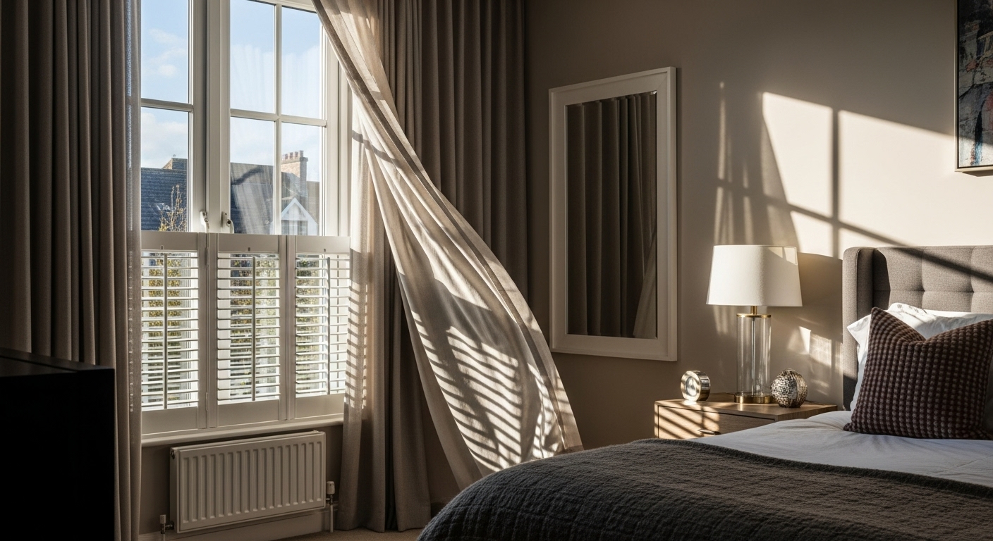 Bedroom with soft curtains and wooden shutters offering light control and privacy while matching the room's decor.