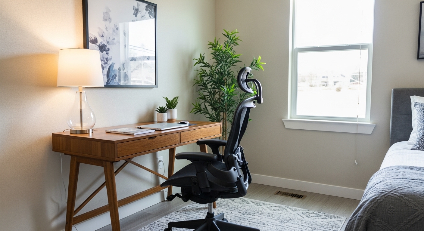 Minimalist home office corner in a ranch house with modern desk, ergonomic chair, and natural light